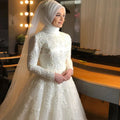 Customized Muslim Wedding Dress White Long Sleeve Lace vestidos de noiva Plus Size Vintage Button Bcak Simple trouwjurk