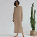 2024 Casual Midi Knit Dress Women's O-neck Long Sleeve Split Straight Dresses 2023 Autumn Pure Color Knit Vestidos Ivory
