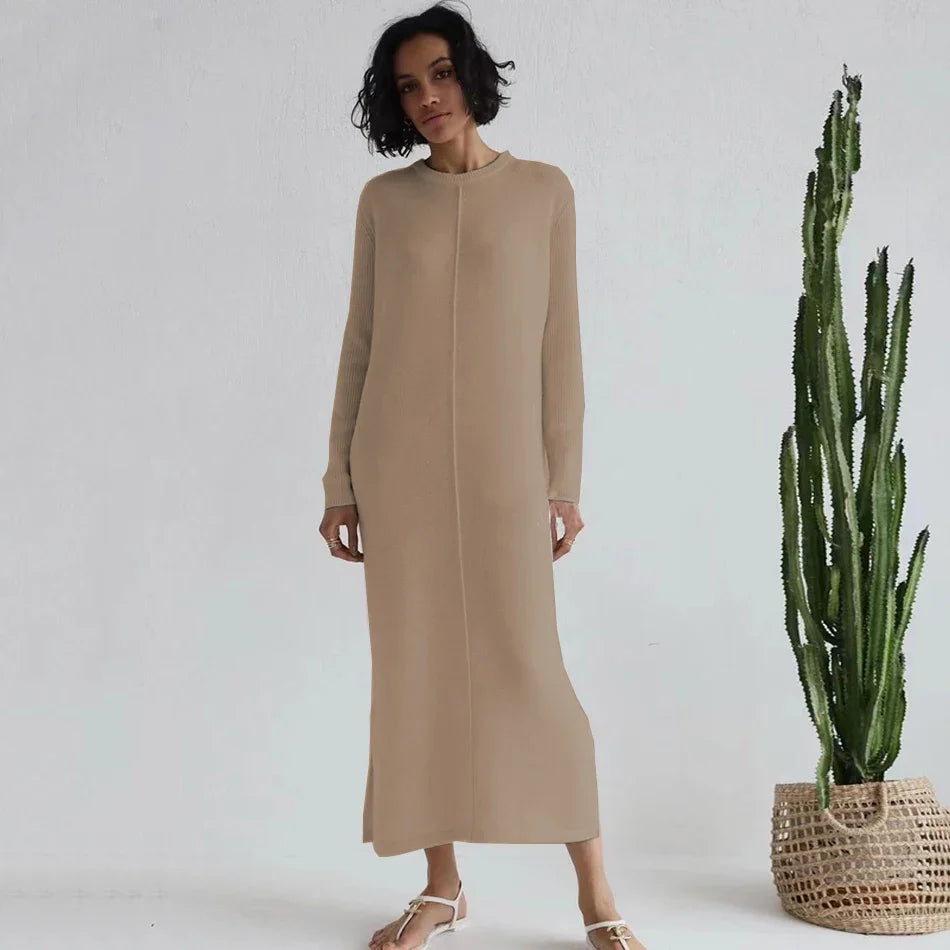 2024 Casual Midi Knit Dress Women's O-neck Long Sleeve Split Straight Dresses 2023 Autumn Pure Color Knit Vestidos Ivory