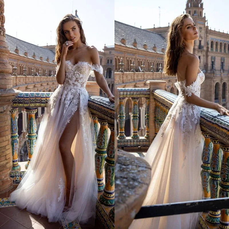 Sodigne Boho Tull Wedding Dresses Off the Shoulder Lace Appliques A Line Beach Bridal Bown Sexig High Split Wedding Clows