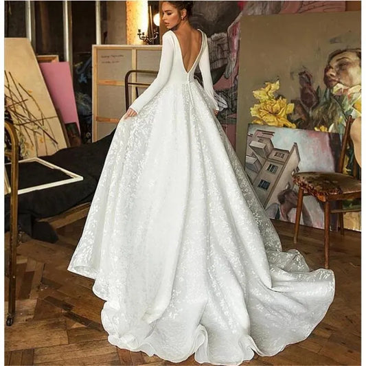 Vestido De Noiva Boho Wedding Dress Satin A Line Wedding Dresses Longue Long Sleeves V Neck Simple Bridal Dress Robe De Soiree