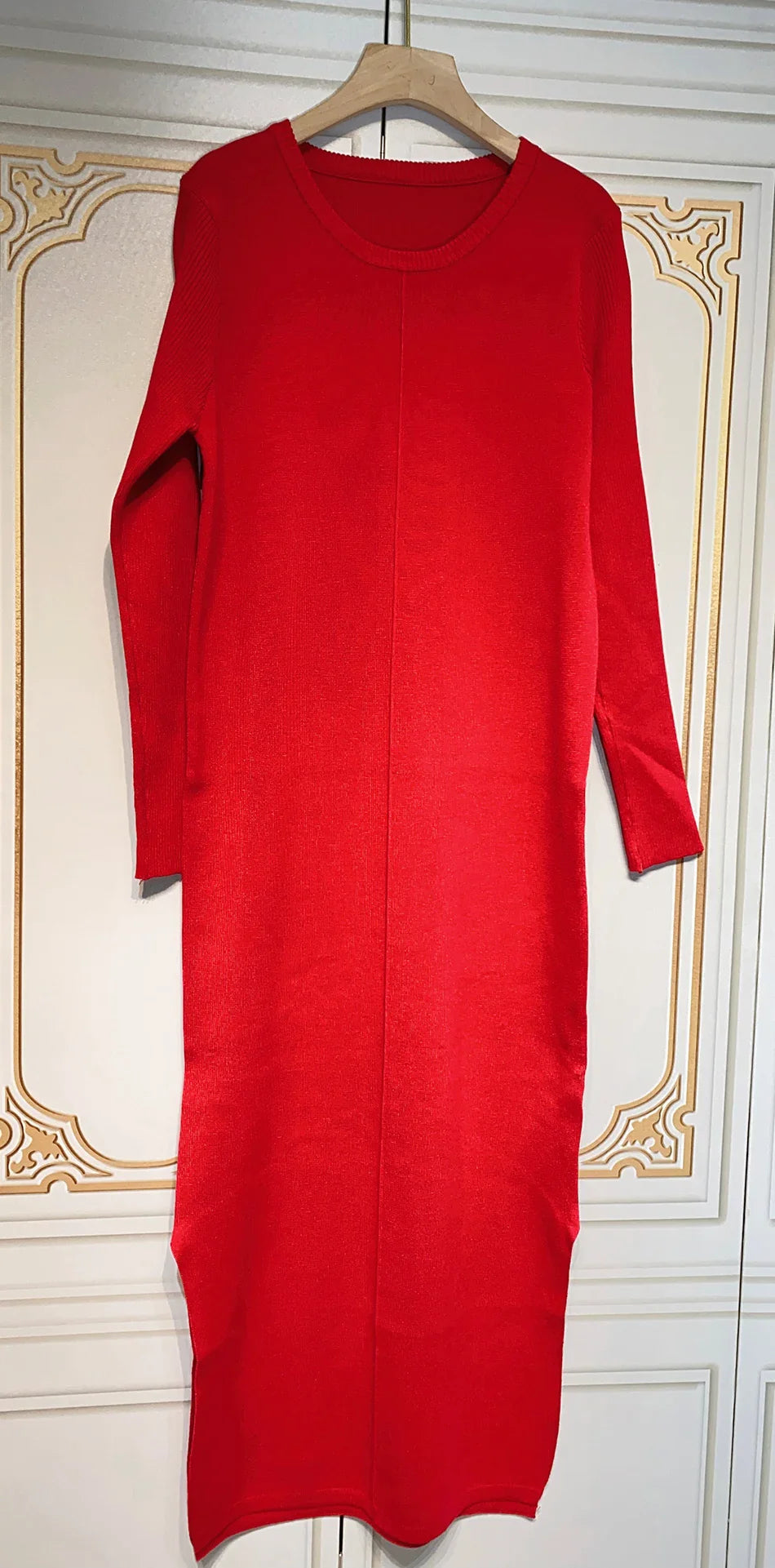 2024 Casual Midi Knit Dress Women's O-neck Long Sleeve Split Straight Dresses 2023 Autumn Pure Color Knit Vestidos Red