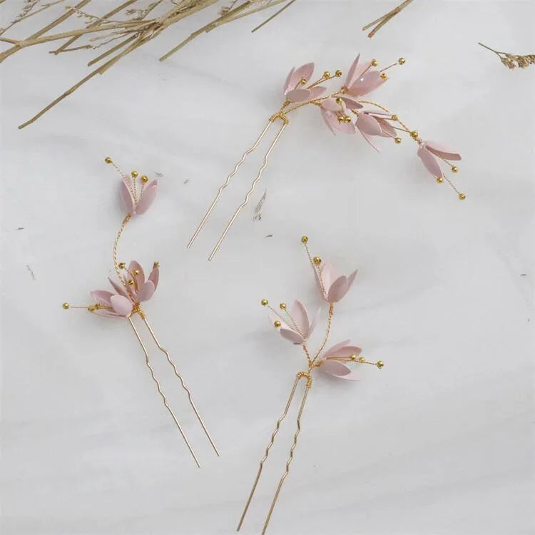 Bridal Accessories Crystal Rhinestones Headpieces Hairpins Pink Flower Hair Pins Clip For Women Brides Headdress Wedding Jewelry b