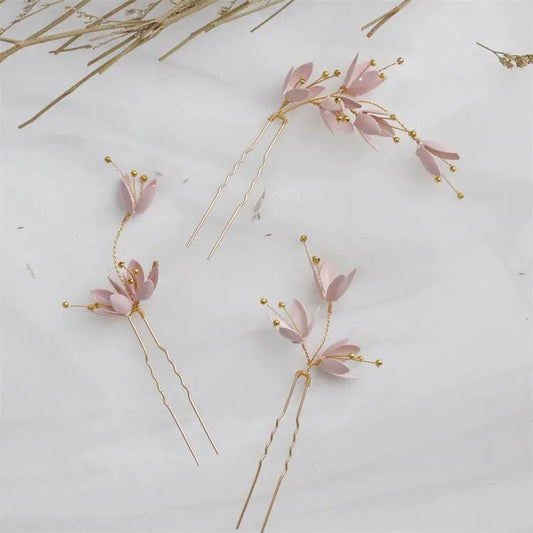 Bridal Accessories Crystal Rhinestones Headpieces Hairpins Pink Flower Hair Pins Clip For Women Brides Headdress Wedding Jewelry b