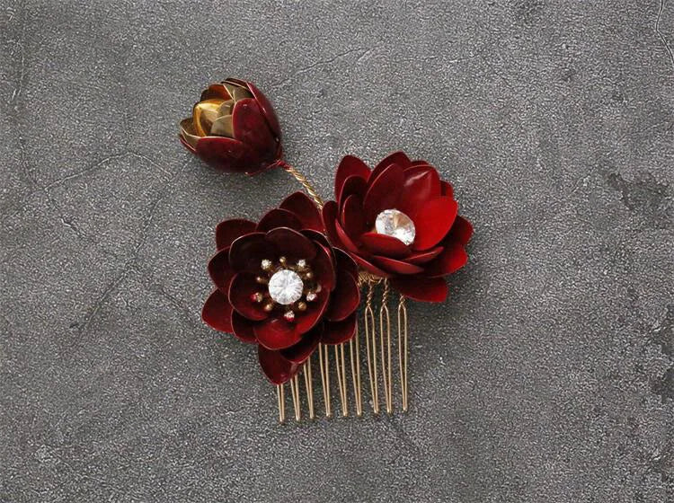 Bridal Jewelry Red Flower Hair Combs Pins Clips Crystal Rhinestones Hairpins Head pieces Brides Headdress Wedding Accessories a