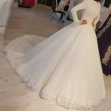 Customized White Arabic Long Sleeves Muslim Wedding Dresses Princess High Neck Lace Appliques Bridal Dresses Robe De Mariage Red