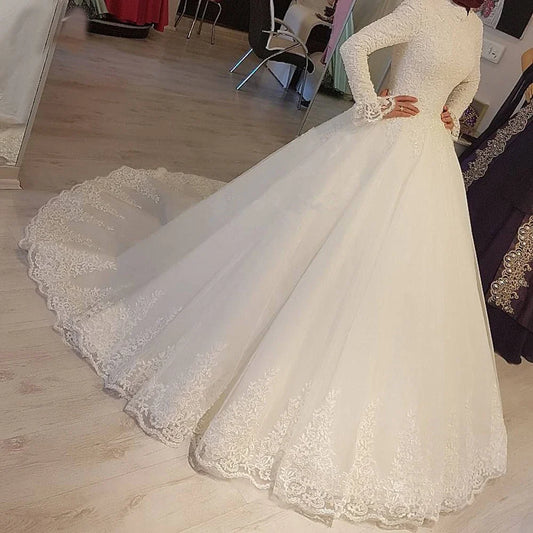 Customized White Arabic Long Sleeves Muslim Wedding Dresses Princess High Neck Lace Appliques Bridal Dresses Robe De Mariage Red