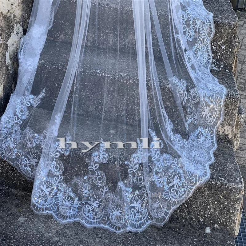 Long Veil One Layer Lace with Sparkling Sequins Bridal Veil Tulle Wedding Veil in White , Off-White , Ivory ,Black