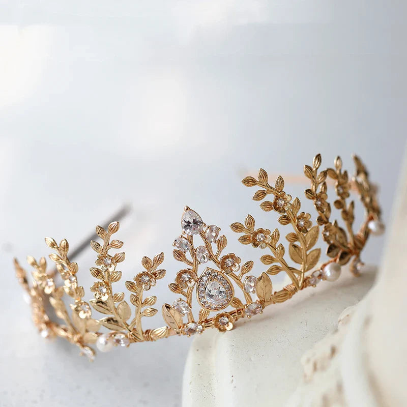 Bridal Hair Jewelry Gold Color Tiaras Flower Crowns Zircon Prom Pageant Headbands Headpiece For Brides Women Wedding Accessories Default Title
