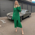 Autumn Bodycon Dress Sweater Knitted Green Women Sexy Midi Split V Neck Long Sleeve Casual Dresses Party Vestidos