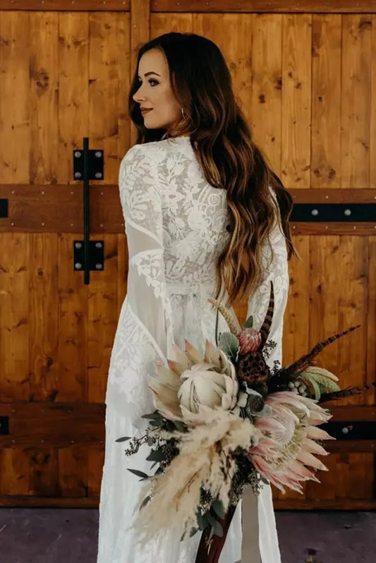 Vestidos de novia de estilo rural Boho de encaje Mangas largas Cuello en V profundo Una línea Marfil Playa Bohemia Tallas grandes Vestidos de novia de verano