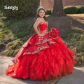 Vintage Red Charro Quinceanera Dresses Mexican Ball Gown Gold Lace Organza Ruffles Sweet 16 Dress Party Dresses Retro Customized Red