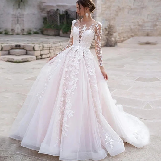 Luxury Pink Long Sleeves Wedding Dress Ball Gown Lace Appliques O-Neck Button Royal Train Bride Gowns Vestido De Novia Princess As Picture 100cm