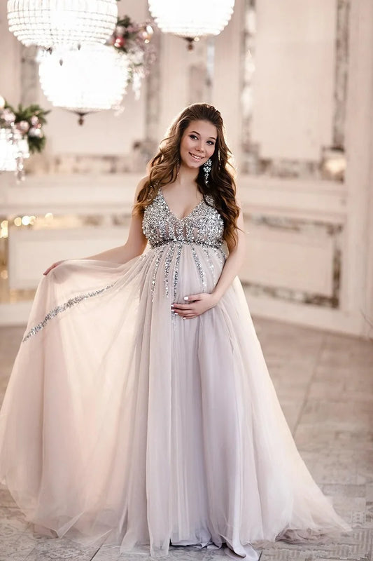 Vestido de noche de maternidad imperio de lentejuelas brillantes, vestidos de tul con cuello en V para mujer embarazada, vestidos de fiesta sin mangas con tren de barrido