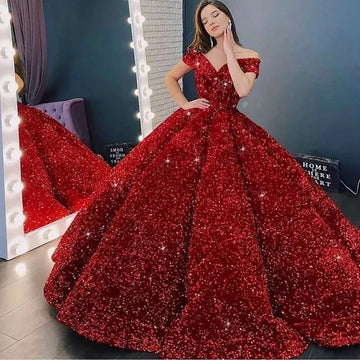 Customized Sparkly Burgundy Evening Dress Long robe de mariee Off Shoulder Sequins Lace Up Ball Gown Vestidos De Noiva