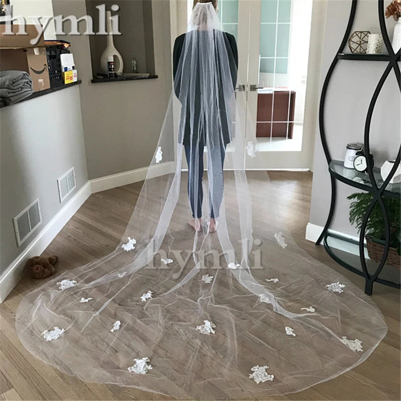 One Tier Lace Applique Wedding Veil 3M White Ivory Bridal Veil Long Veil with Metal Comb White 250cm