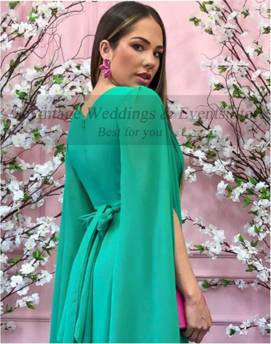 Emerald Green Chiffon Prom Dresses for Women Long Sleeves Saudi Arabic Evening Gowns Pleated Night Club Outfits