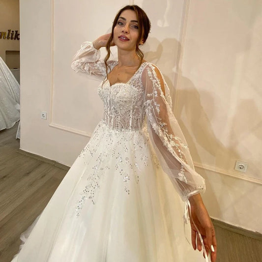 Eightree White Wedding Dresses Sweetheart Appliques Bridal Dress Puff Sleeve Tulle A-Line Princess Wedding Gowns Plus Size