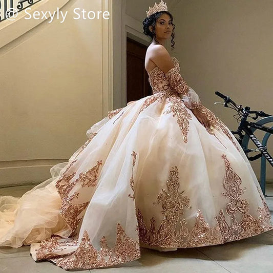 Rose Gold Quinceanera Dress Luxury Sequin Masquerade Prom Birthday Party Gown Ruffles Folklorico Vestidos De 15 Años Customized