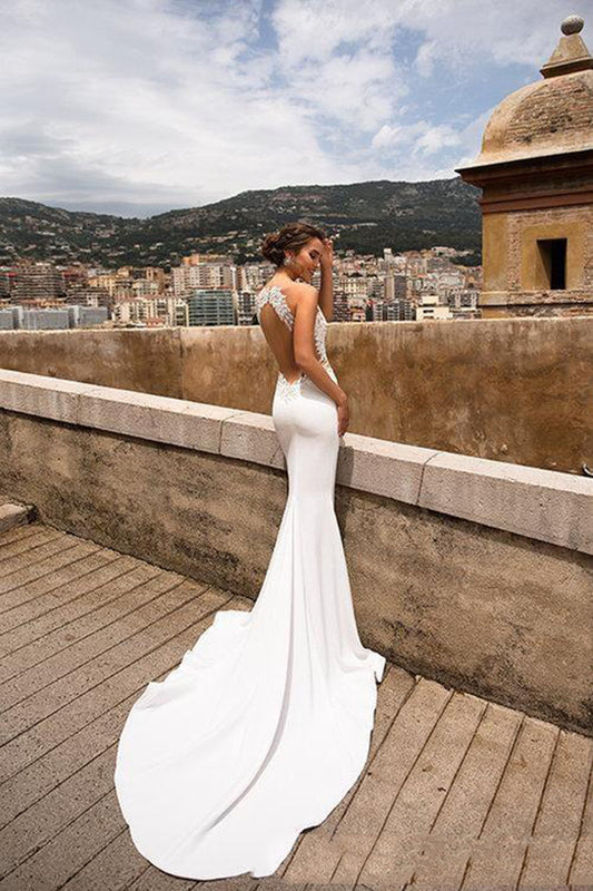 Vintage Wedding Dresses Classic Bridal Gowns Lace Appliques Satin Sheath Mermaid Sleeveless Backless Robes Vestidos De Novia