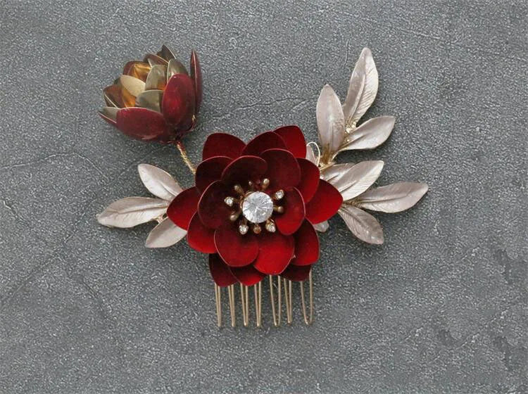 Bridal Jewelry Red Flower Hair Combs Pins Clips Crystal Rhinestones Hairpins Head pieces Brides Headdress Wedding Accessories b