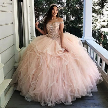 Organza Ball Gown Quinceanera Dresses Luxury Off Shoulder Sparkly Crystals Sweet 16 Dresses Vestido 15 Anos