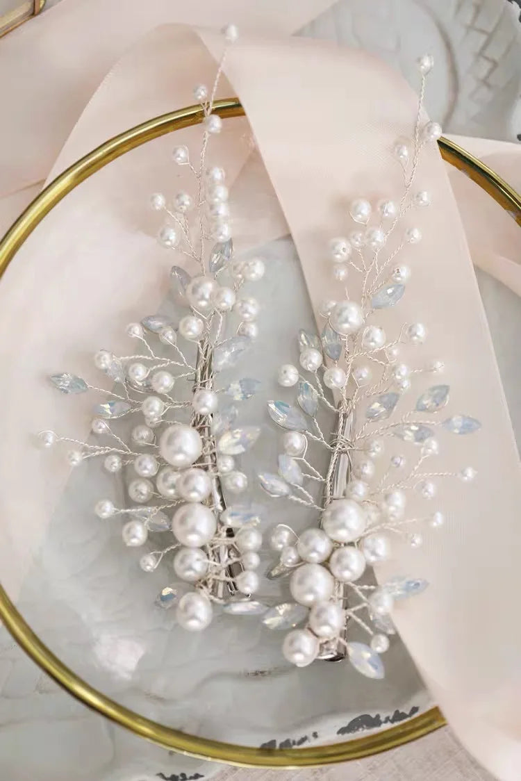 Bridal Jewelry Crystal Rhinestones Opal Hair Clips Pins Pearls Hairpins Brides Bridesmaids Head Pieces Women Wedding Accessories d silver color