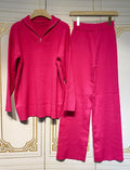 2024 Casual Autumn Loose Knit Sweater Set Fashion Zip Lapel Long Sleeve Pullover Sweater & Straight Pants Two-piece Set Rose Red