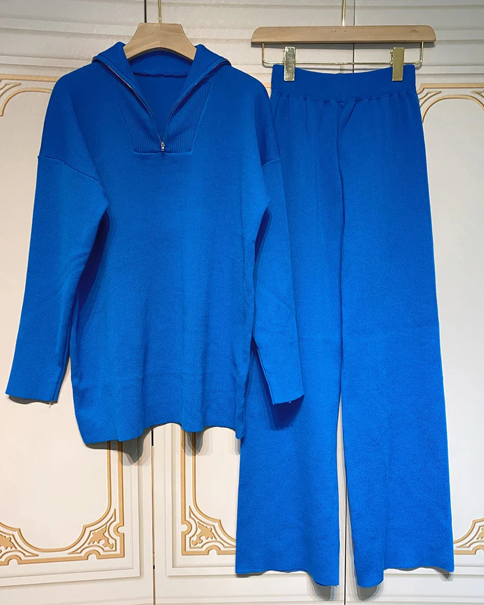 2024 Casual Autumn Loose Knit Sweater Set Fashion Zip Lapel Long Sleeve Pullover Sweater & Straight Pants Two-piece Set Blue