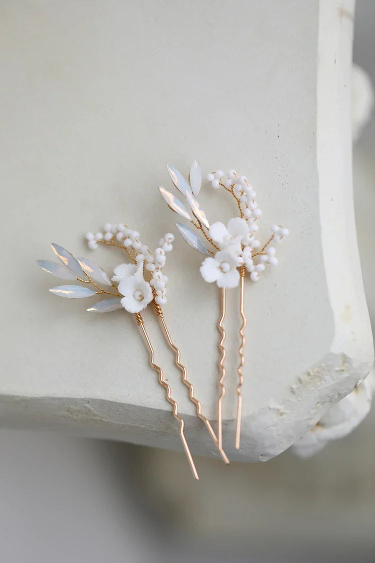 Porcelain Flower Hair Pins Clips Opal Head Pieces Gold Silver Color Hairpins For Brides Women Bridal Jewelry Wedding Accessories