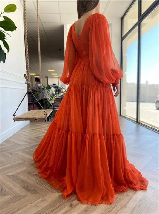 Long Puff Sleeves Prom Dresses V-Neck Pleats Chiffon Princess Evening Gowns Women Party Dress Plus Size