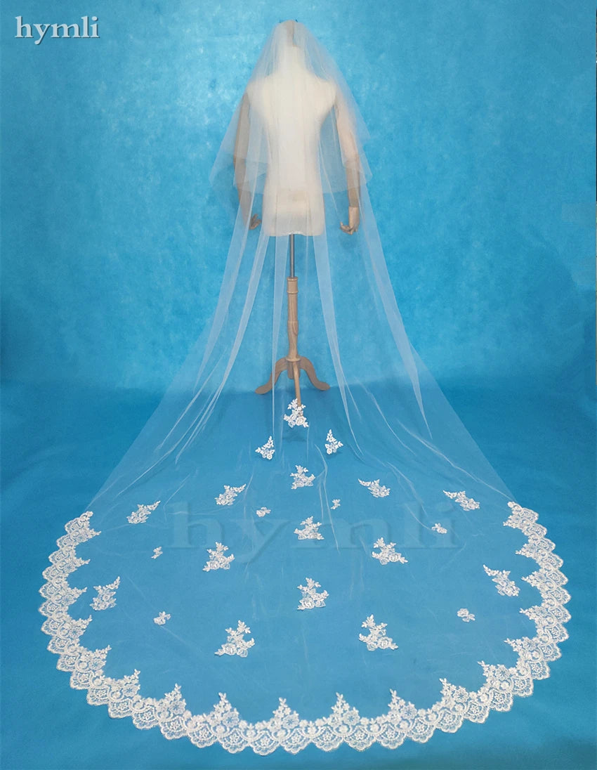 2 Tier Lace Wedding Veil 3 Meters Long Bridal Veil Lace Veil Cathedral Veil with Metal Comb White