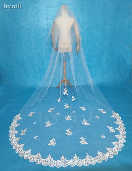 2 Tier Lace Wedding Veil 3 Meters Long Bridal Veil Lace Veil Cathedral Veil with Metal Comb White