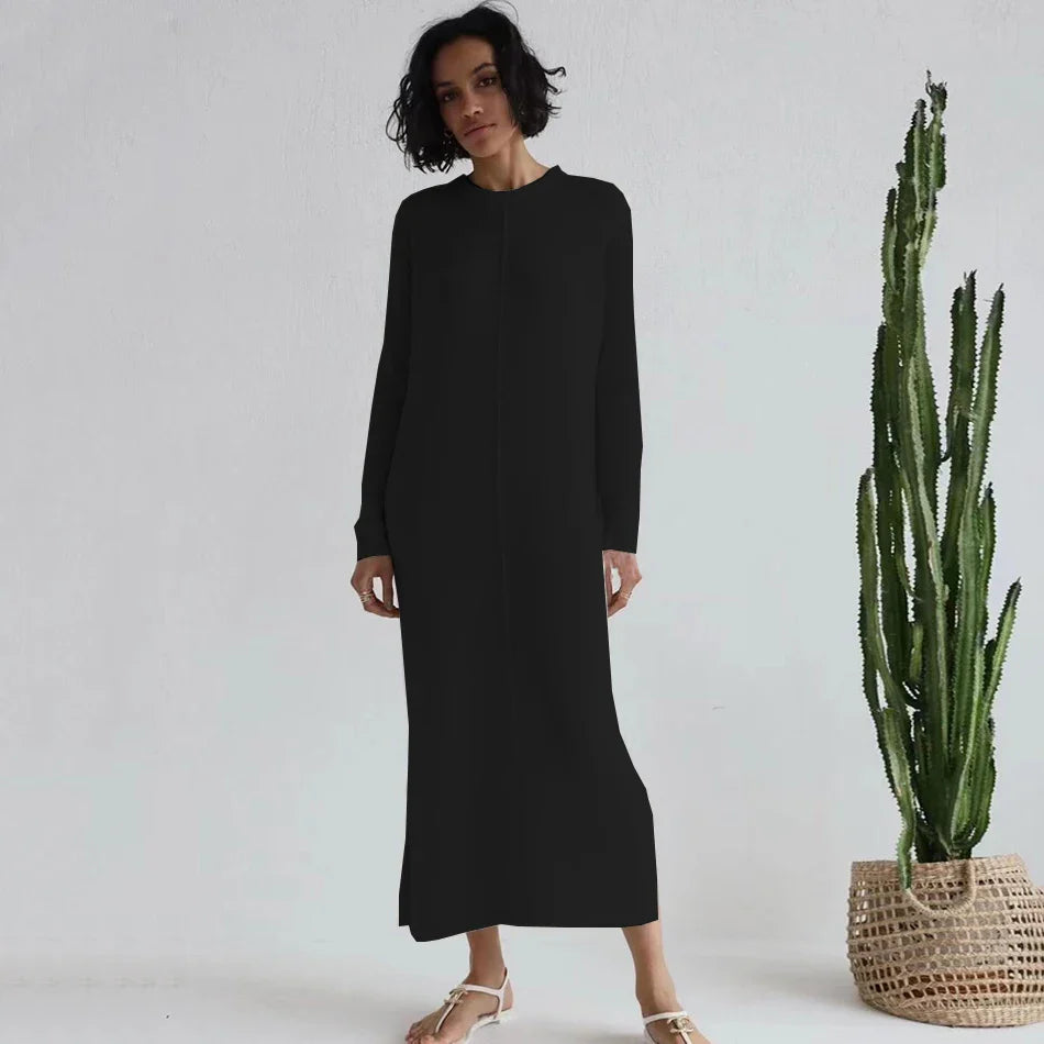 2024 Casual Midi Knit Dress Women's O-neck Long Sleeve Split Straight Dresses 2023 Autumn Pure Color Knit Vestidos black