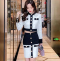 2021 High Street Summer Patchwork 2 Two-Piece Set O-Neck Long Sleeve Pocket Button Mini Bandage Dress Female Short Set