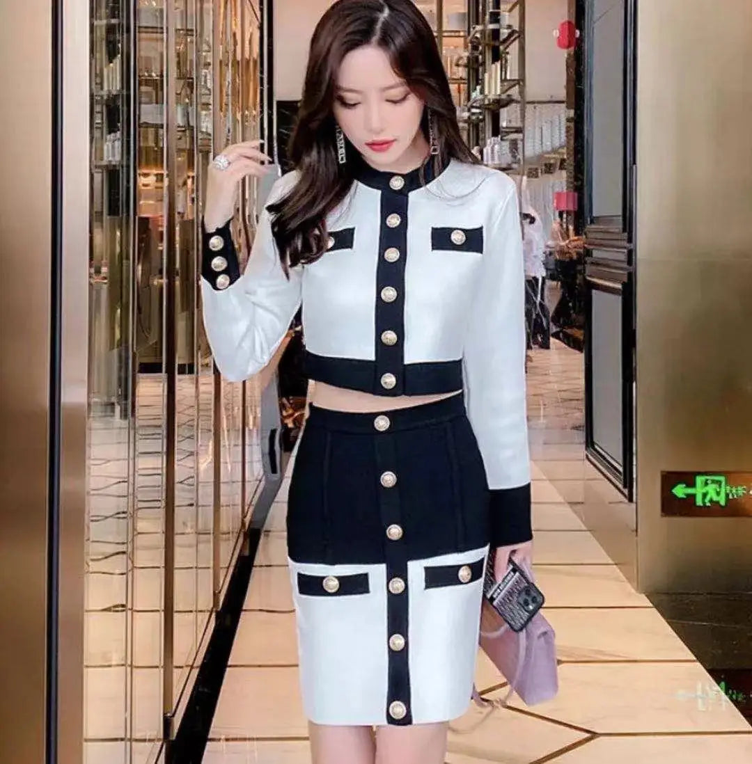 2021 High Street Summer Patchwork 2 Two-Piece Set O-Neck Long Sleeve Pocket Button Mini Bandage Dress Female Short Set