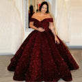 Customized Sparkly Burgundy Evening Dress Long robe de mariee Off Shoulder Sequins Lace Up Ball Gown Vestidos De Noiva