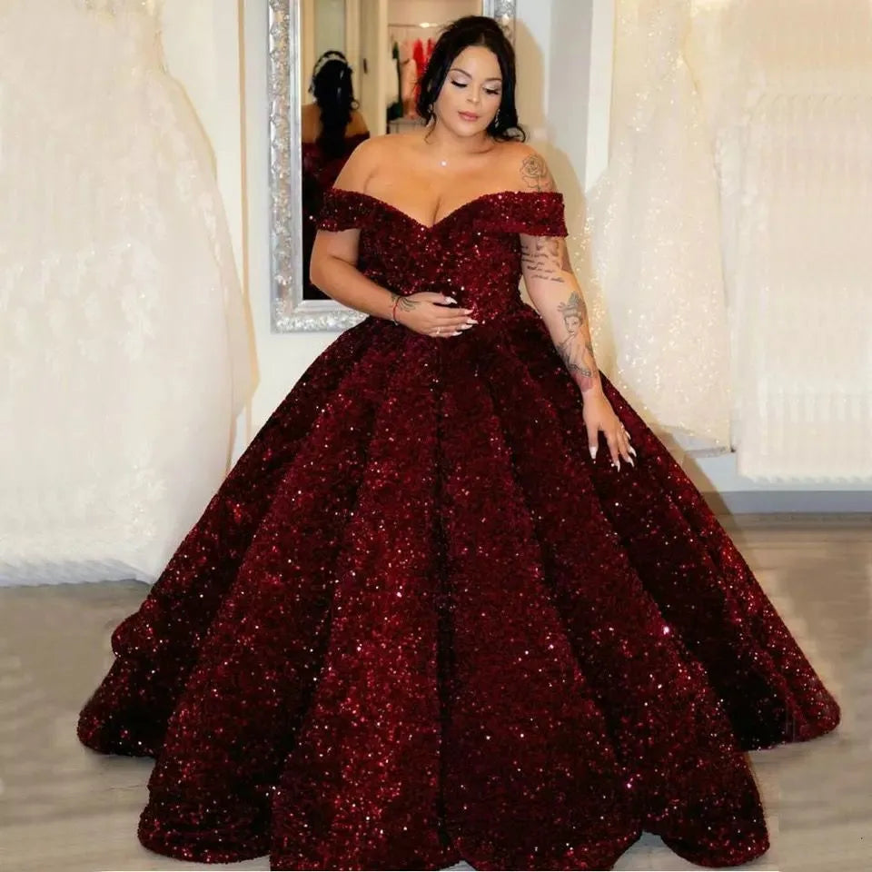 Customized Sparkly Burgundy Evening Dress Long robe de mariee Off Shoulder Sequins Lace Up Ball Gown Vestidos De Noiva