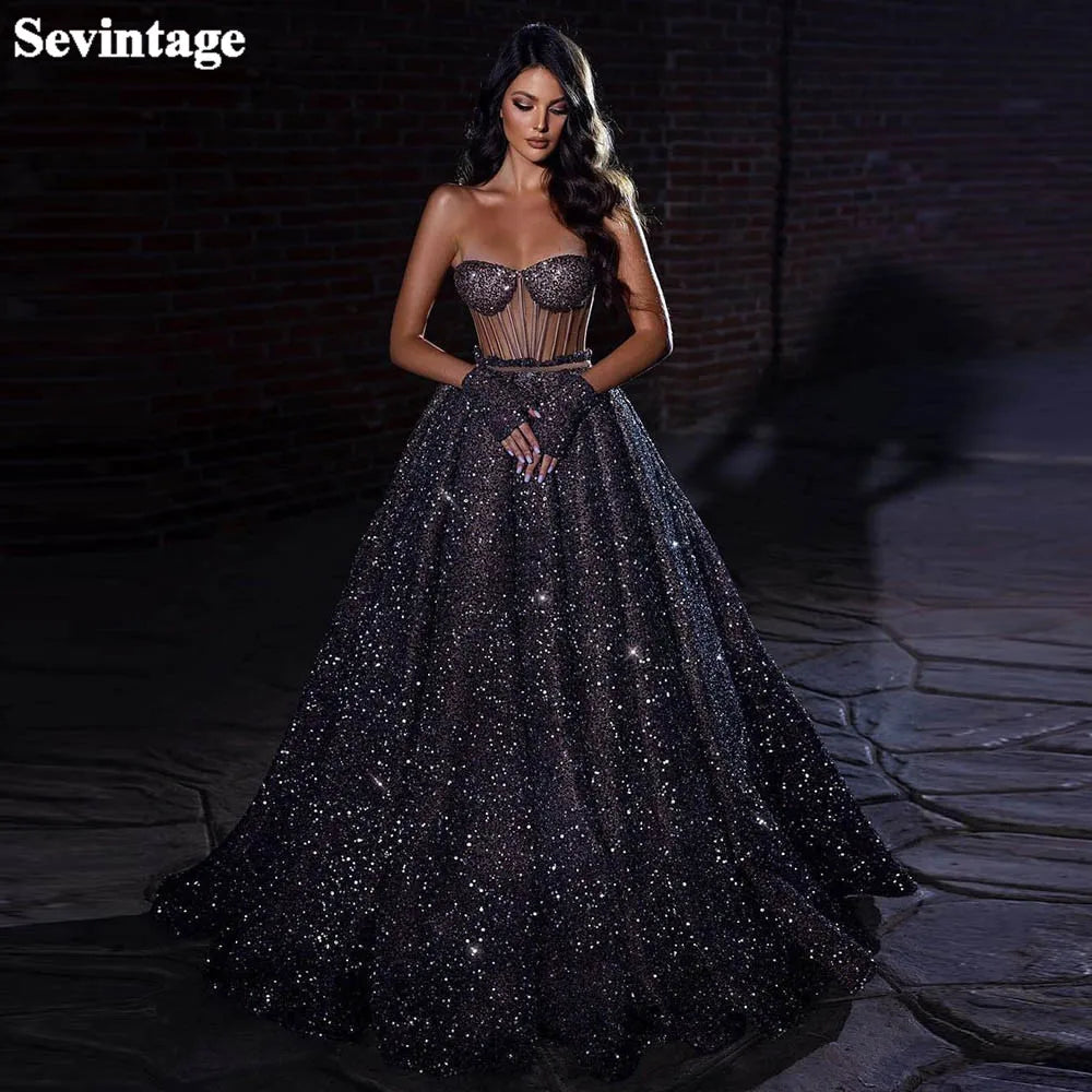 Glitter Sequin A Line Prom Dresses Sweetheart See Through Body Evening Dress Exposed Bones Plus Size Formal Party Gowns