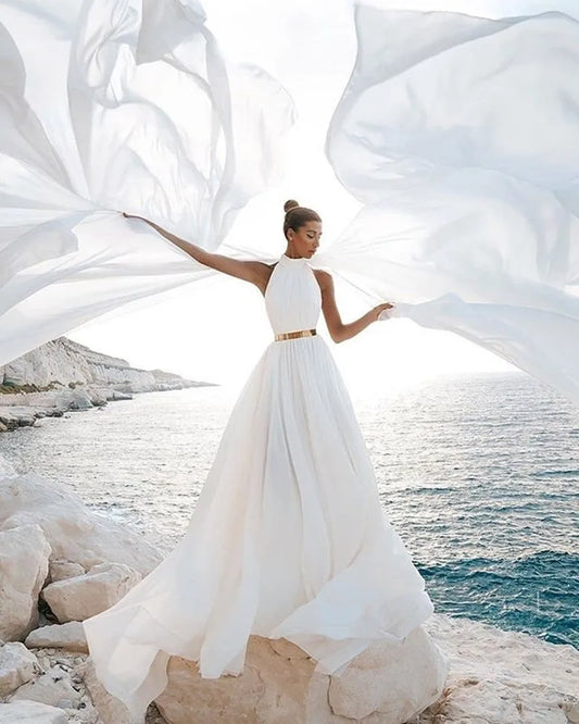Bröllopsklänning enkel strand sexig rygglös en linje elfenben vit chiffong halter hals bröllop klänningar lång klänning formell mantel fest