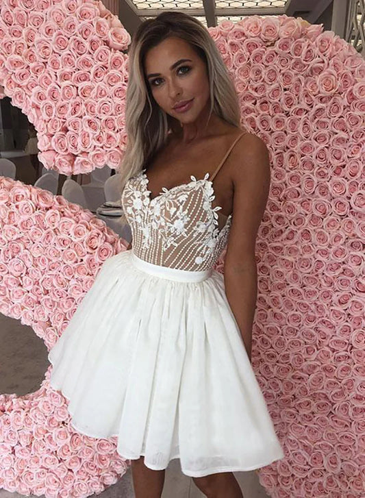 Cheap Short Prom Dress Spaghetti Strap Chiffon Lace Cocktail Dresses Mini White Homecoming Gowns Abendkleider