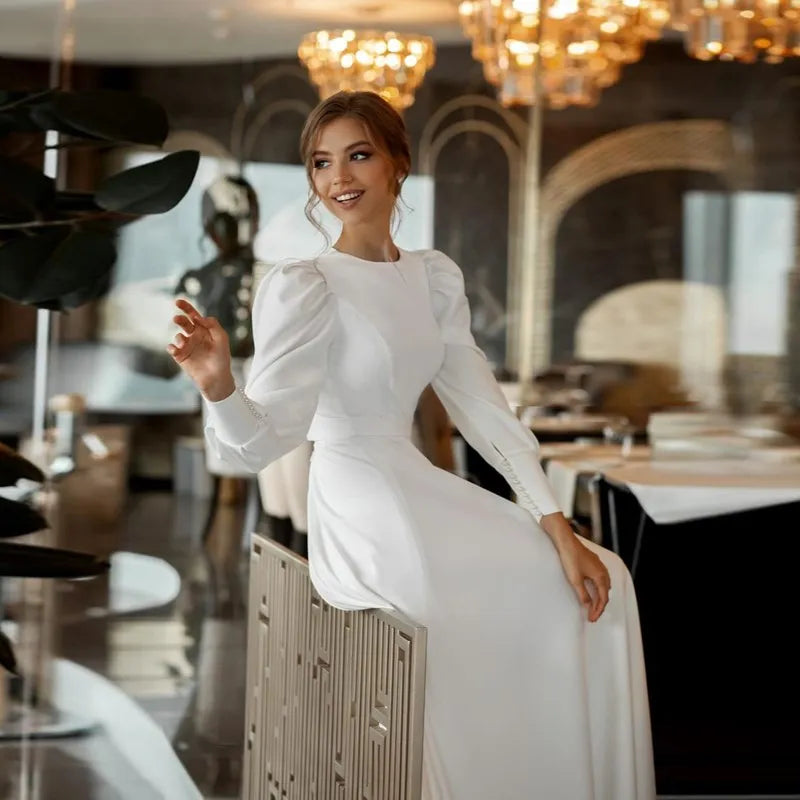 Customized Elegant Long Sleeve Wedding Dresses Satin Vestido De Noiva Muslim Bridal Gowns Dubai Back Button Robe De Mariée