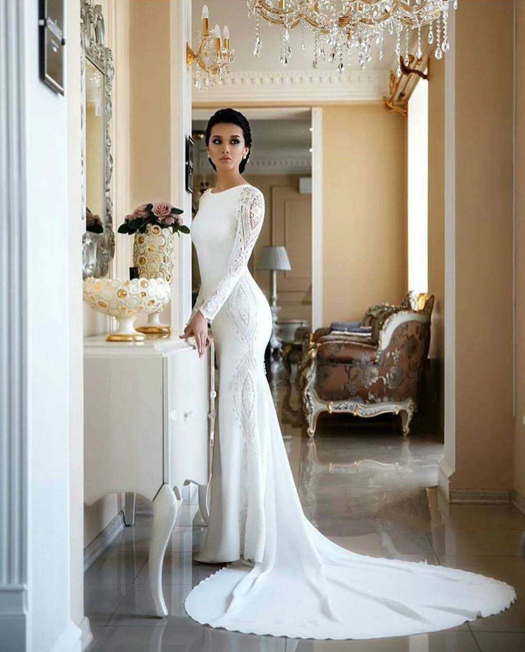 Utsökta applicerade bröllopsklänningar spetspärlade paljetter boho sjöjungfru aftonklänning långa ärmar plus storlek vestidos de novia