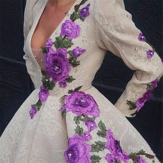 Arabic Dubai High Low Lace Prom Dresses V Neck Flowers Long Sleeves Evening Dress Women Formal Gown vestidos de fiesta