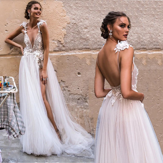 Sexy Beach Wedding Dresses Boho Deep V Neck Backless High Split A Line Lace Appliques Ivory Tulle Bridal Gowns Vestido De Mariee - Camilla's