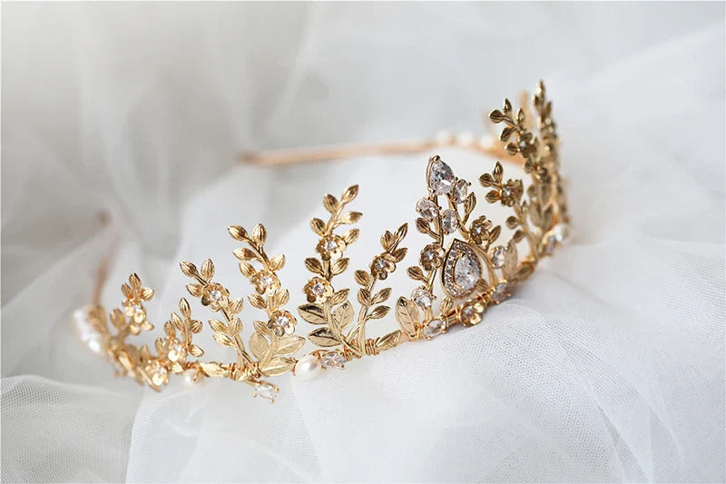 Bridal Hair Jewelry Gold Color Tiaras Flower Crowns Zircon Prom Pageant Headbands Headpiece For Brides Women Wedding Accessories