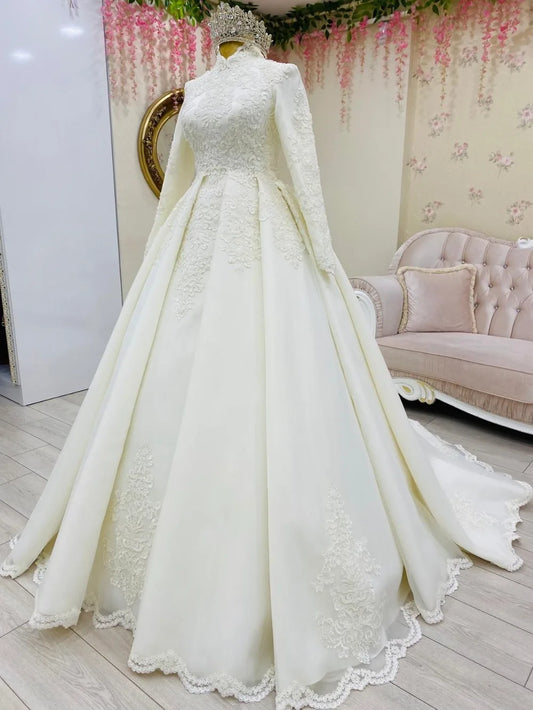 Customized Lace Appliques Muslim Wedding Dresses 2025 Long Sleeve High Neck Tulle Satin Wedding Bridal Gowns Robe De Mariage WHITE