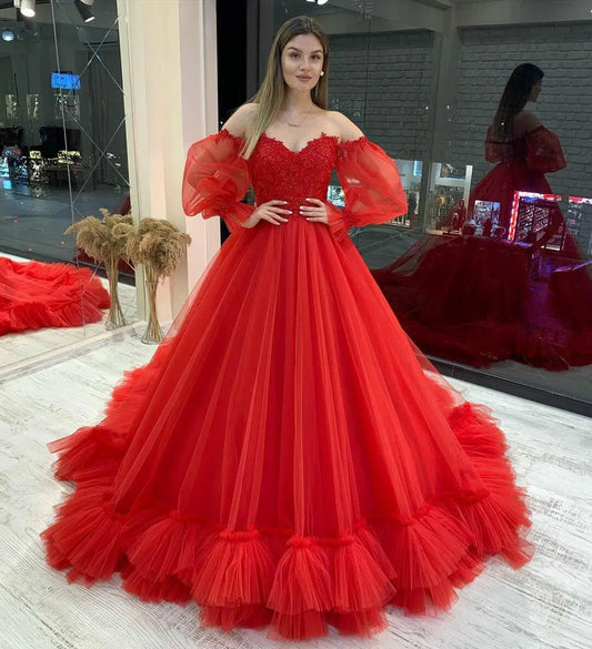 customized Red Prom Dresses Long Vestidos Puffy Sleeve Tulle Backless Formal Evening Party Gowns Beauty Pageant Dresses платье