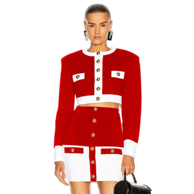 2024 Patchwork Black White O Neck Long Sleeves With Pockets Buttons Two Pieces Bandage Skirt Women Set Red