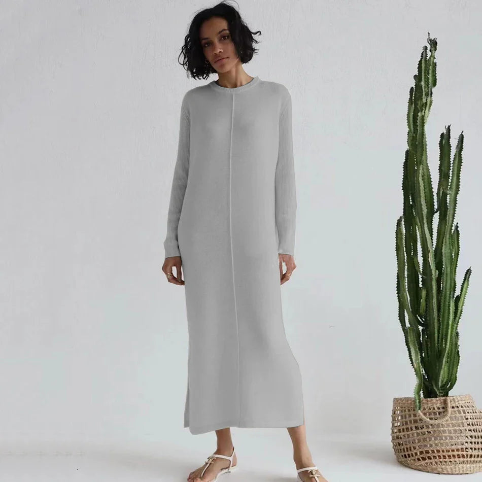 2024 Casual Midi Knit Dress Women's O-neck Long Sleeve Split Straight Dresses 2023 Autumn Pure Color Knit Vestidos GRAY
